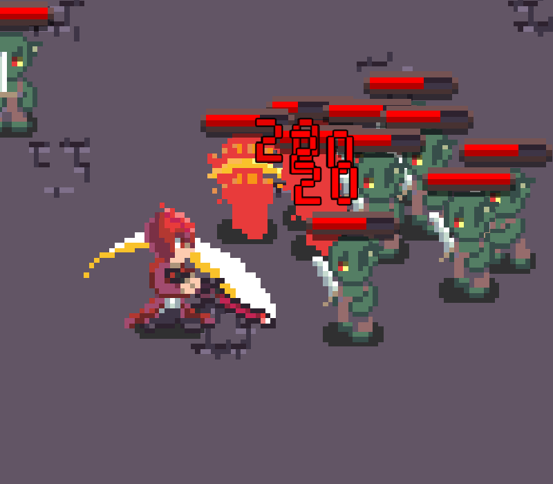 A swordsman slashing his sword through goblins with a pixelated style.