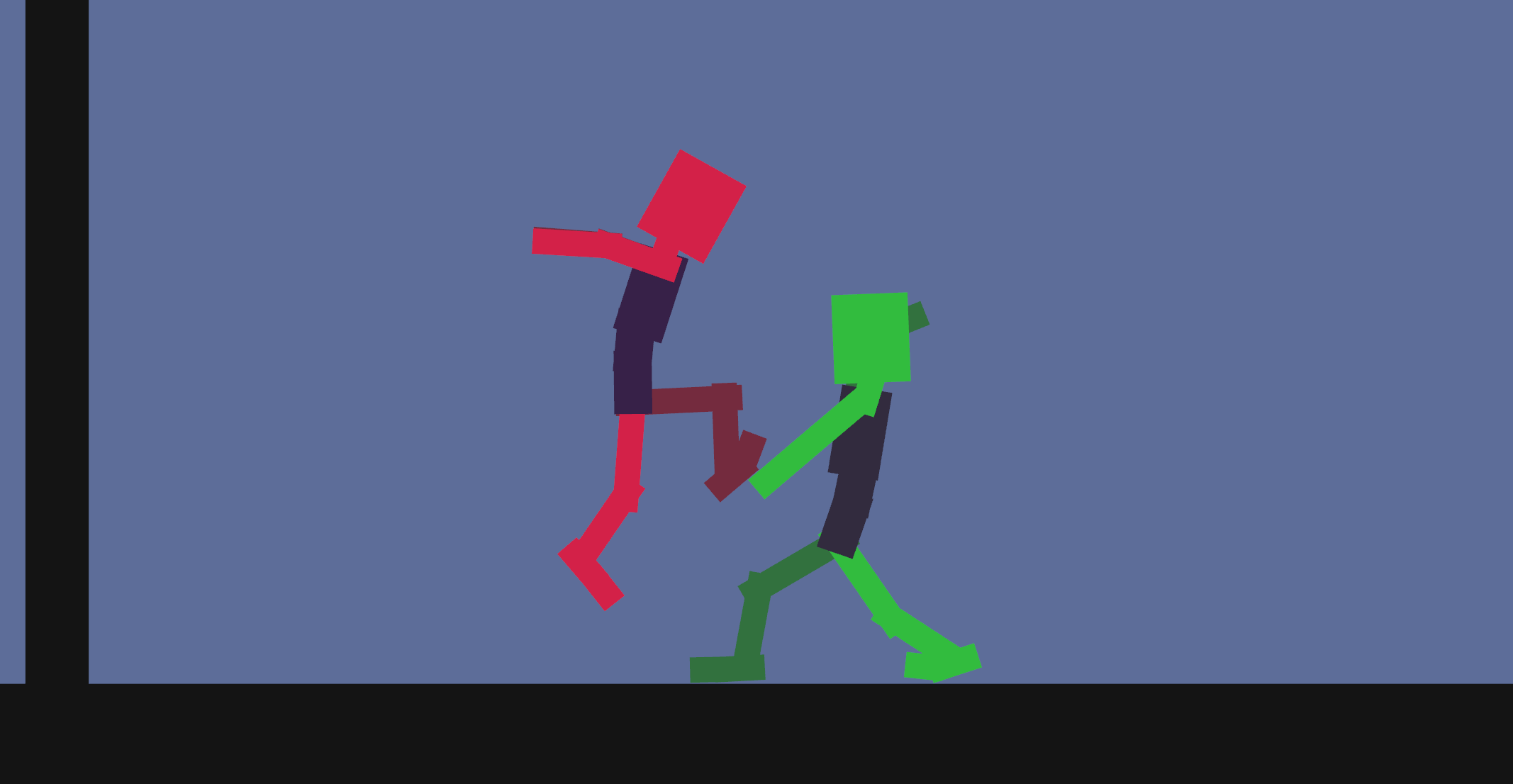 2D prototype with 2 fighting ragdolls that can move, jump, stand-up from falling, kick, and punch